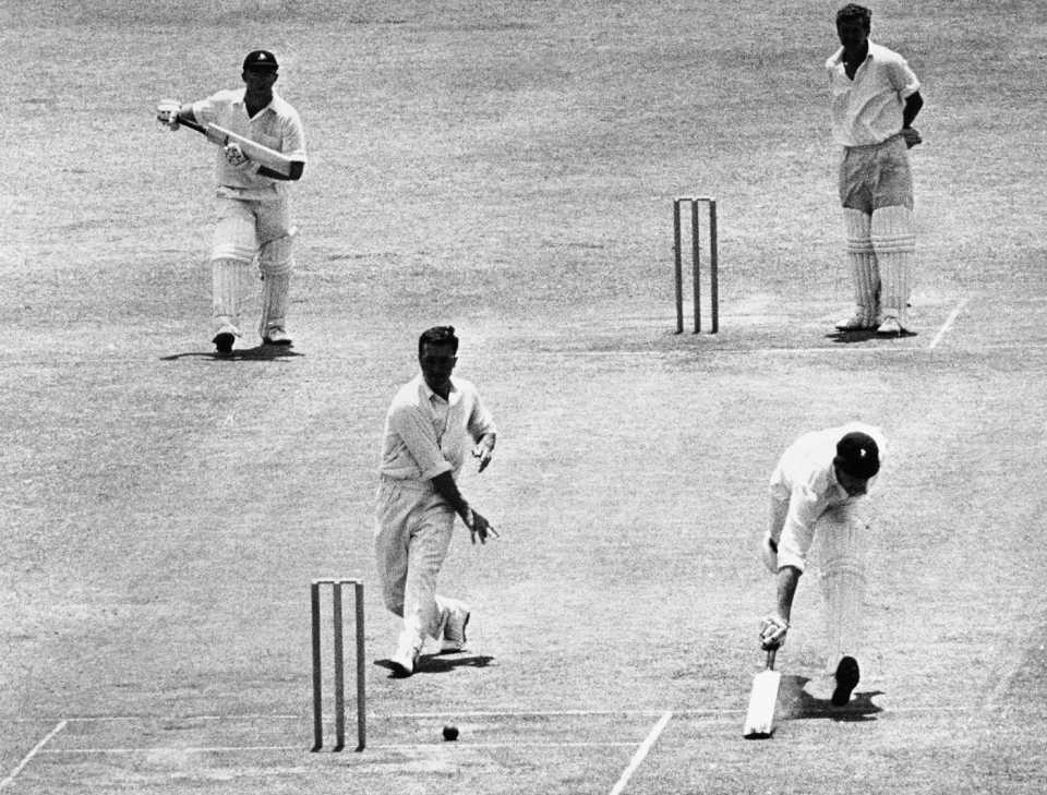 Fred Titmus tries to run out Graeme Pollock, South Africa v England, 3rd Test, Cape Town, 5th day, January 6, 1965