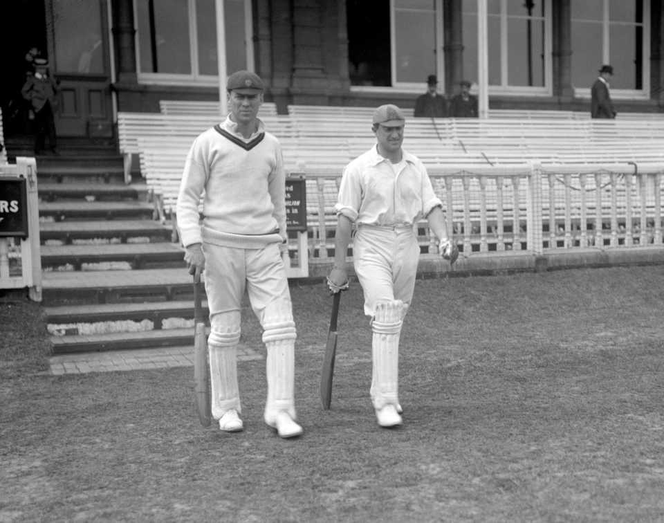 Jimmy Sinclair and Aubrey Faulkner walk out to bat, MCC v South Africans, 2nd day, Lord's, May 28, 1907