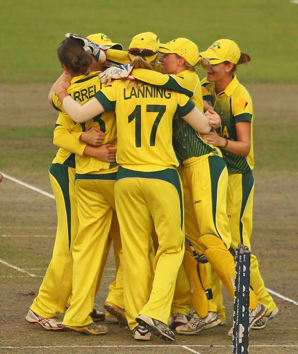 Australia celebrate making their third Women's World T20 final, Australia v West Indies, Women's World T20, 1st semi-final, Mirpur, April 3, 2014