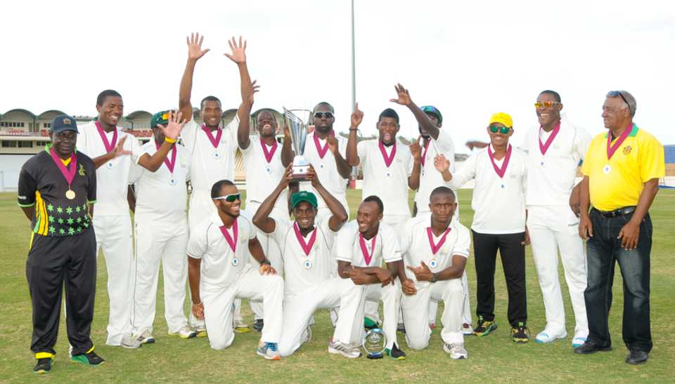 Jamaica celebrate winning the Headley-Weekes Trophy, Windward Islands v Jamaica, Regional Four Day Competition, final, St Lucia, 4th day, April 29, 2014