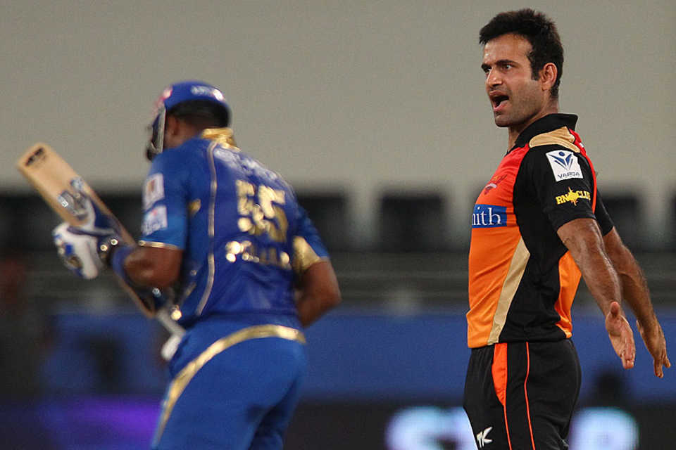Irfan Pathan cannot contain his excitement after getting rid of Kieron Pollard , Mumbai Indians v Sunrisers Hyderabad, IPL 2014, Dubai, April 30, 2014