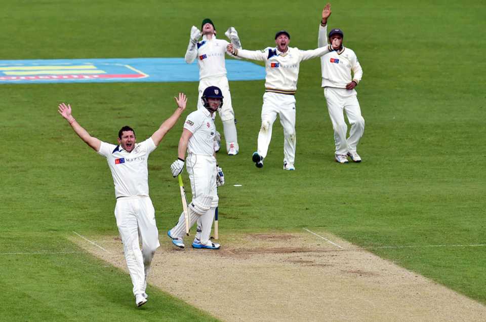 Tim Bresnan appeals unsuccessfully for Mark Stoneman's wicket