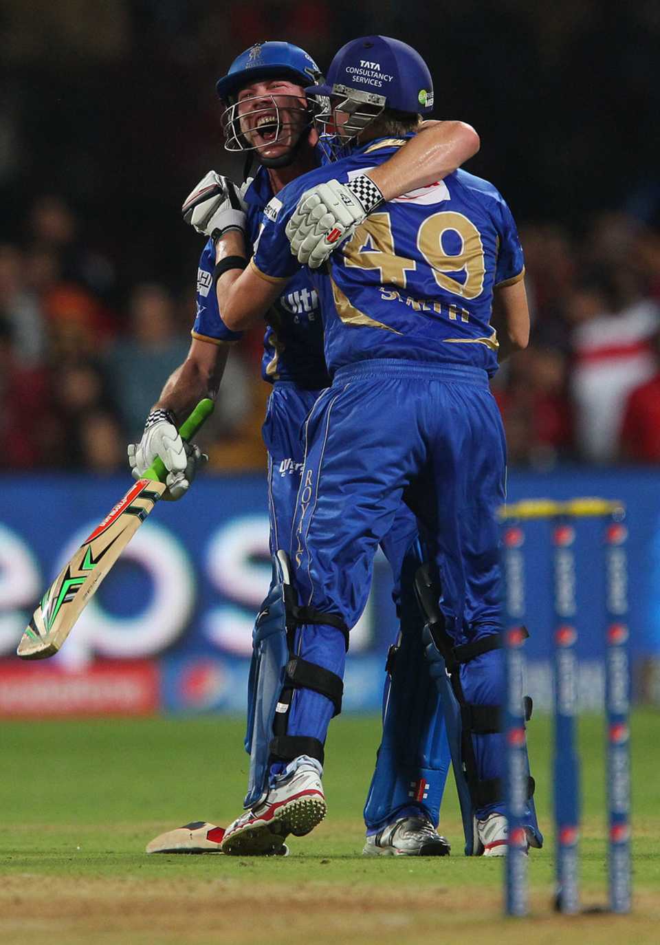 Steven Smith and James Faulkner embrace after Rajasthan Royals' stunning win, Royal Challengers Bangalore v Rajasthan Royals, IPL 2014, Bangalore, May 11, 2014