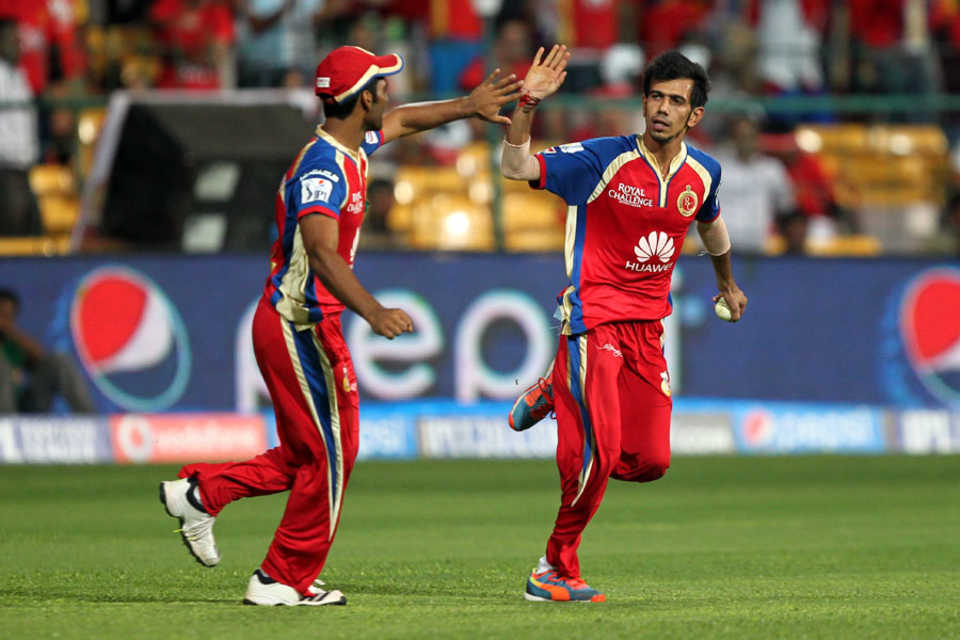 Yuzvendra Chahal is congratulated after taking the catch to dismiss Dinesh Karthik, Royal Challengers Bangalore v Delhi Daredevils, IPL 2014, Bangalore, May 13, 2014