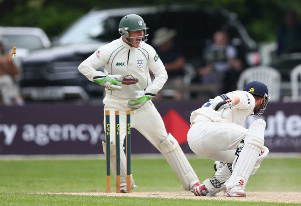 Ben Cox completes the stumping of Jaik Mickleburgh, Worcestershire v Essex, County Championship, Division Two, 3rd day, May 20, 2014