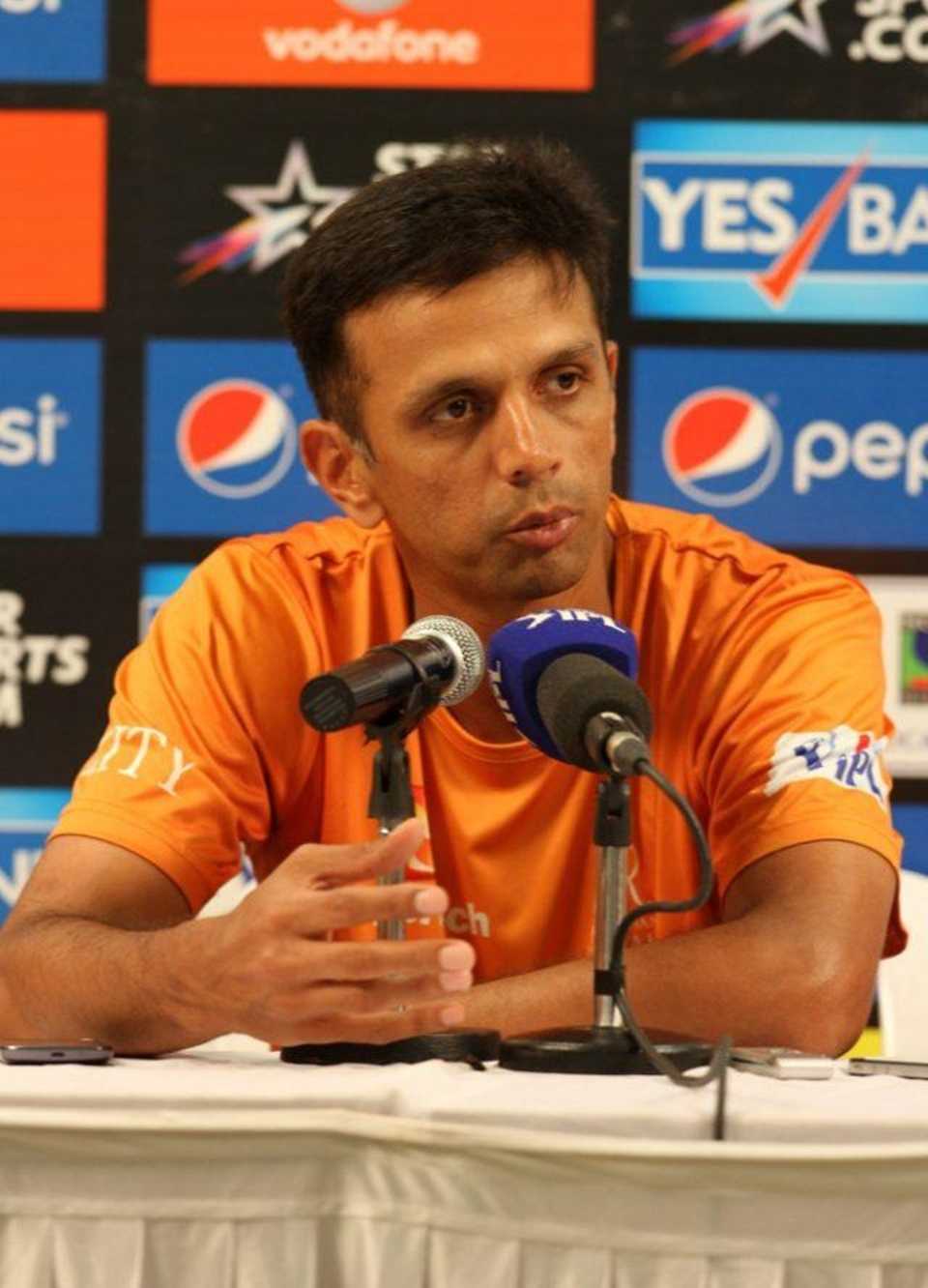 Rahul Dravid speaks to the media after Rajasthan Royals suffered a heartbreaking loss to Mumbai Indians on the final day of the IPL 2014 regular season, Mumbai Indians v Rajasthan Royals, IPL 2014, Mumbai, May 25, 2014