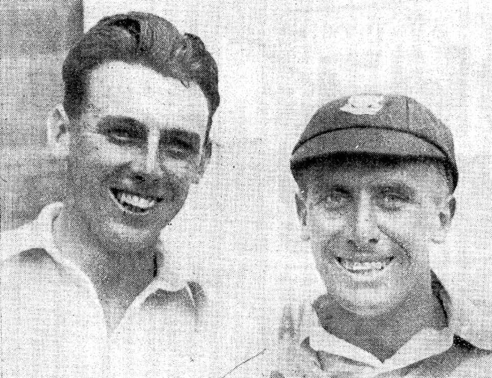 Maurice Tate and Arthur Gilligan pose after dismissing South Africa for 30