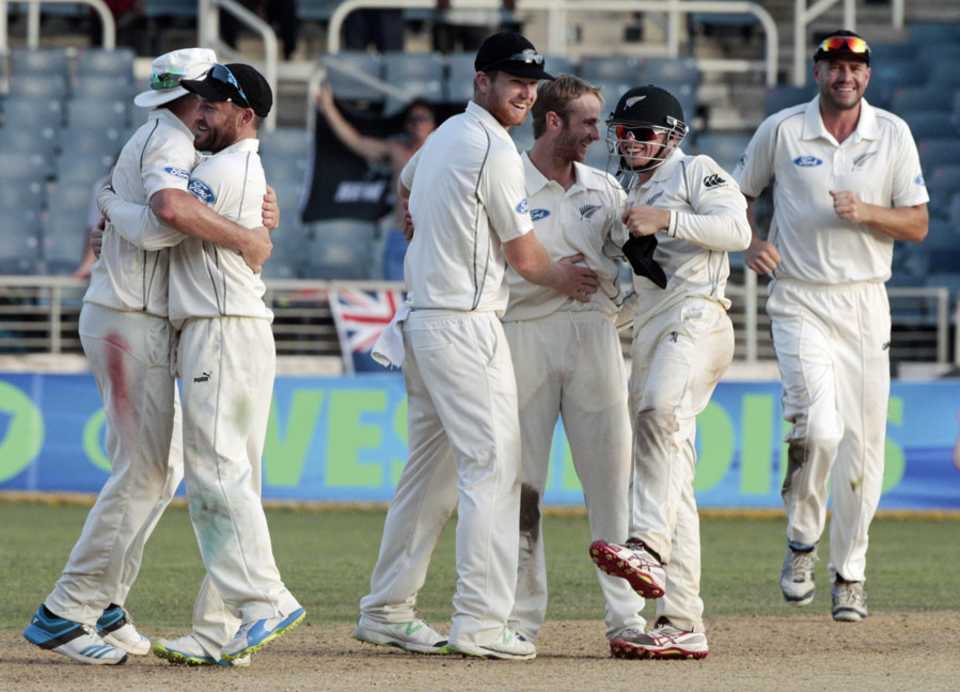 New Zealand players celebrate after securing their second Test win in West Indies, West Indies v New Zealand, 1st Test, Jamaica, 4th day, June 11, 2014