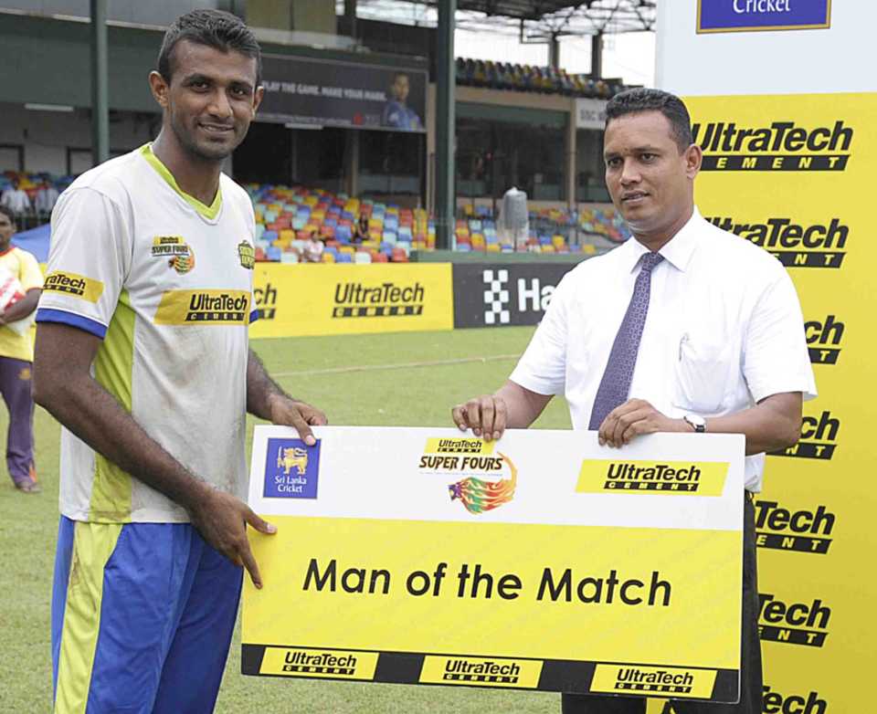 Farveez Maharoof was Man of the Match for his unbeaten 42 off 27, Western Troopers v Southern Express, SLC Super 4's T20 Tournament, Eliminator, Colombo, July 1, 2014