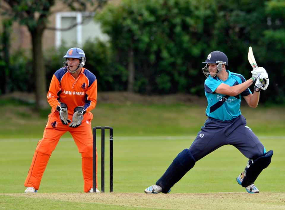 Calum MacLeod cuts on his way to a brisk hundred, Scotland v Netherlands, 2nd one-dayer, Glasgow, July 2, 2014