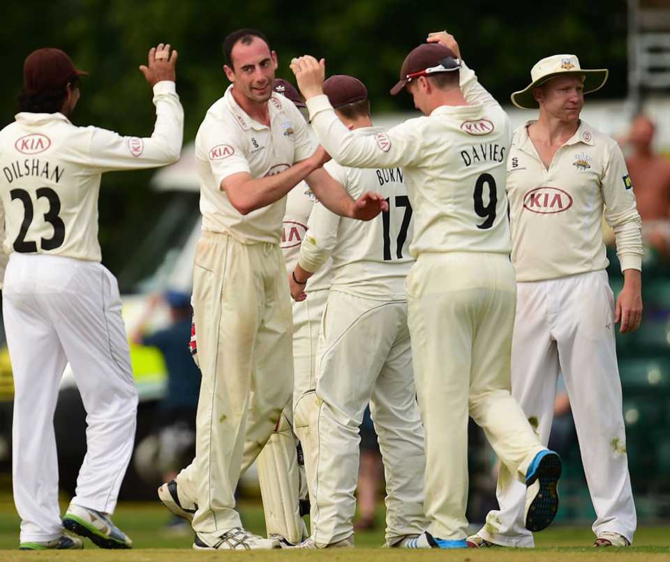 Tim Linley claimed a wicket late in the day, Surrey v Kent, County Championship, Division Two, Guildford, 1st day, July 20, 2014