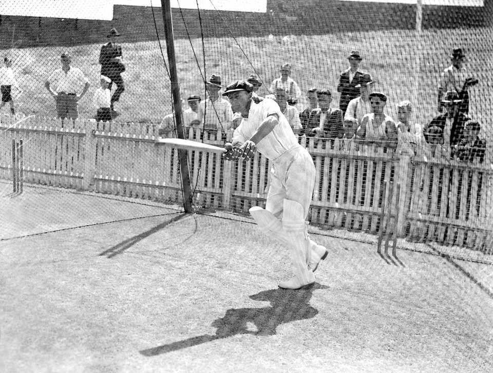 Don Bradman bats in the nets