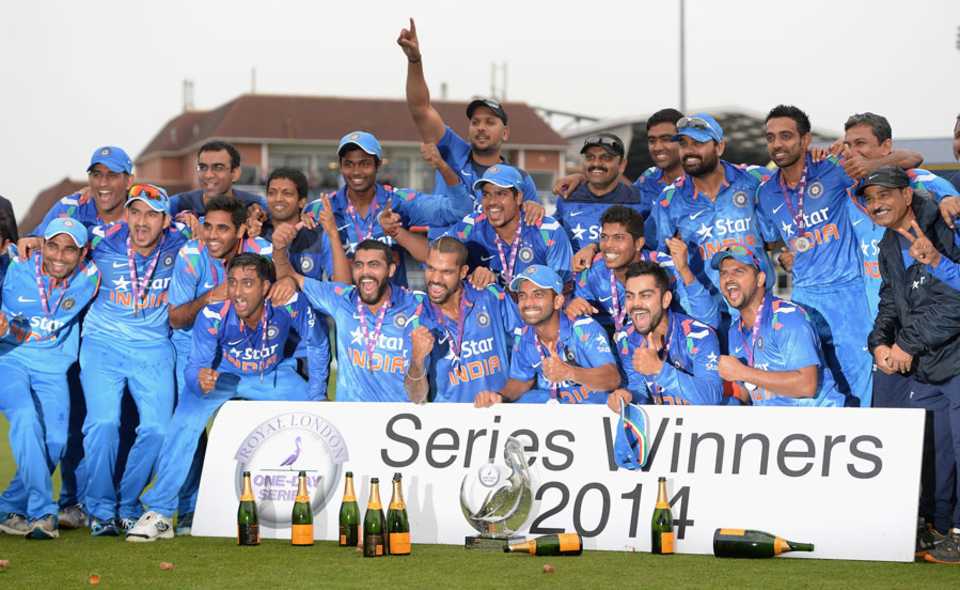 The Indian players were all smiles with the series trophy, England v India, 5th ODI, Headingley, September 5, 2014