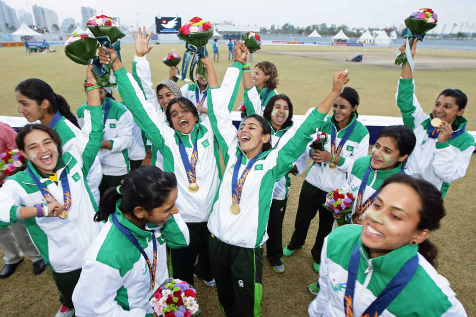 The Pakistan Women's team celebrate their win over Bangladesh Women in the Asian Games final