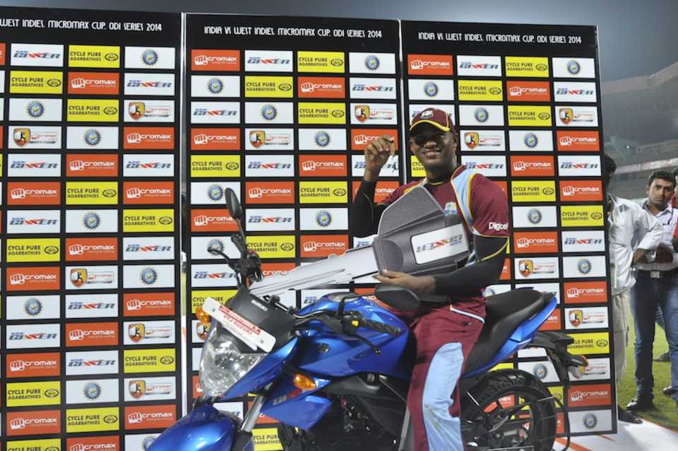 Marlon Samuels was named Man of the Match, India v West Indies, 1st ODI, Kochi, October 8, 2014