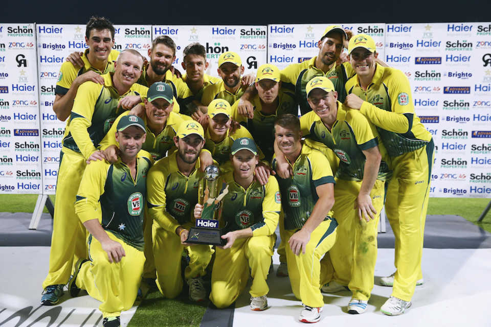 The Australian team poses with the series trophy, Pakistan v Australia, 3rd ODI, Abu Dhabi, October 12, 2014