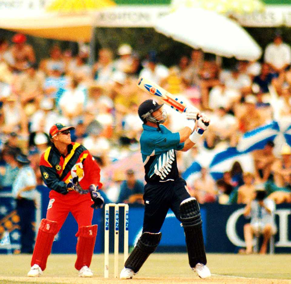 Chris Cairns hits a six New Zealand v Zimbabwe, second ODI, Wellington, February 4 1998