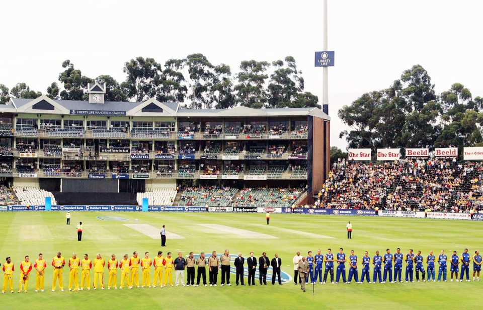Players from both sides line up for a minute's silence to mark the passing of Bob Woolmer, Lions v Cape Cobras, Standard Bank Pro20 final, Johannesburg, March 23, 2007