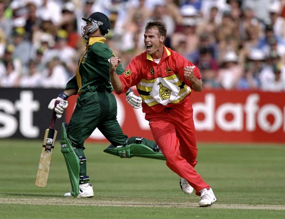 Neil Johnson celebrates a wicket, South Africa v Zimbabwe, World Cup, 26th match, Chelmsford, May 29, 1999 