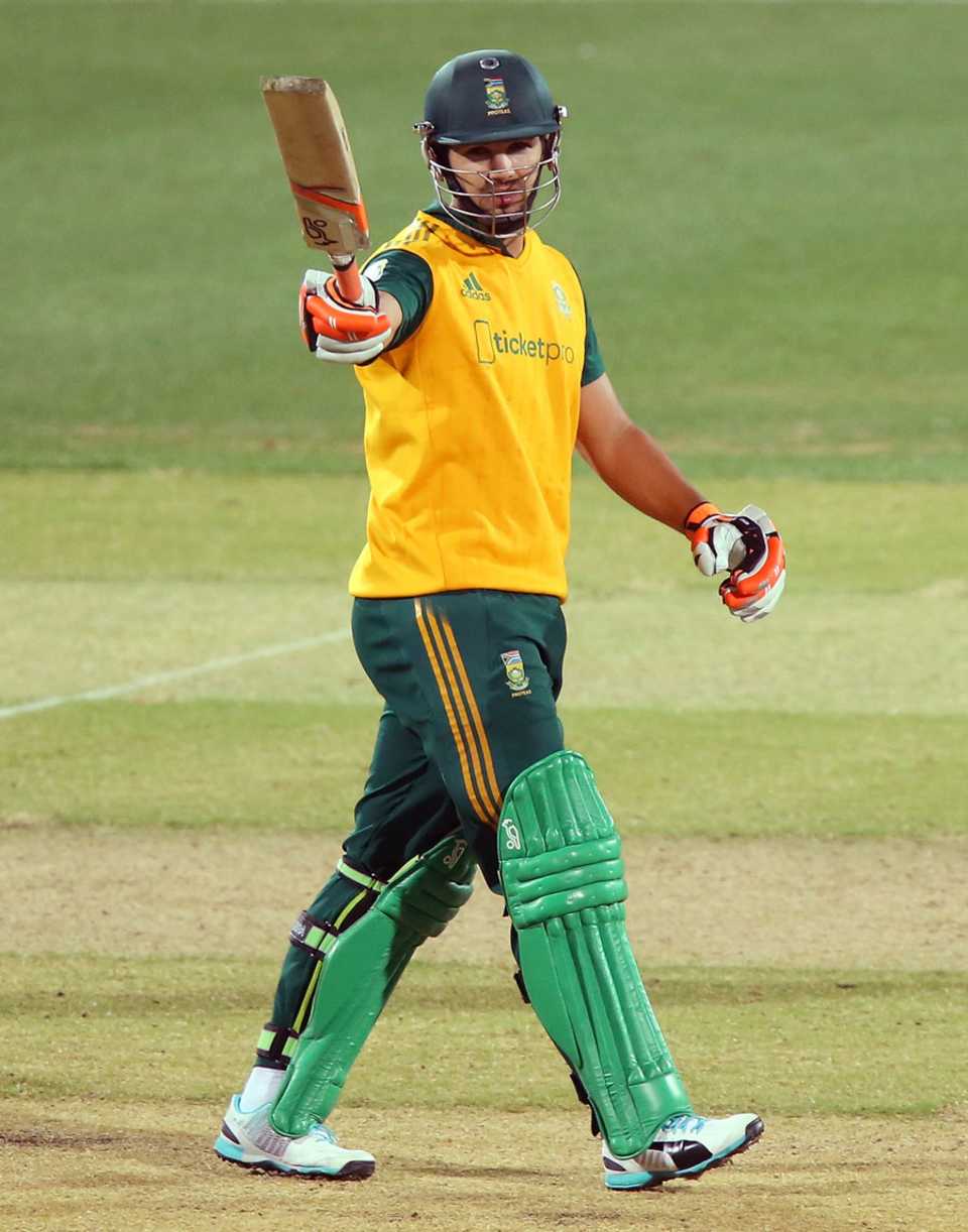 Rilee Rossouw raises his bat after reaching a fifty, Australia v South Africa, 1st Twenty20, Adelaide, November 5, 2014
