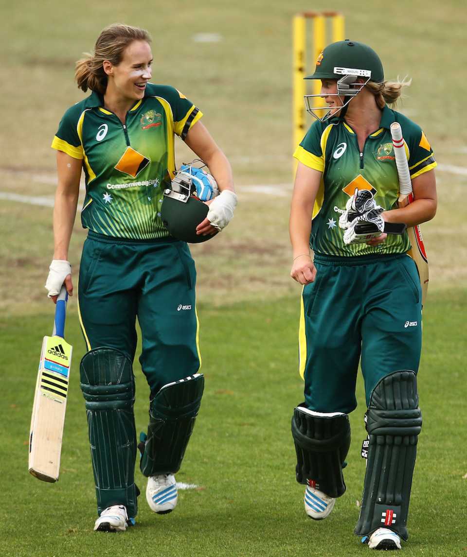 Ellyse Perry and Meg Lanning walk back after crushing West Indies, Australia v West Indies, Women's Championship, Bowral, November 16, 2014