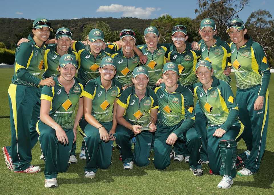 The victorious Australia Women's team after completing a 4-0 sweep in the series, Australia v West Indies, 4th women's ODI, Bowral, November 18, 2014