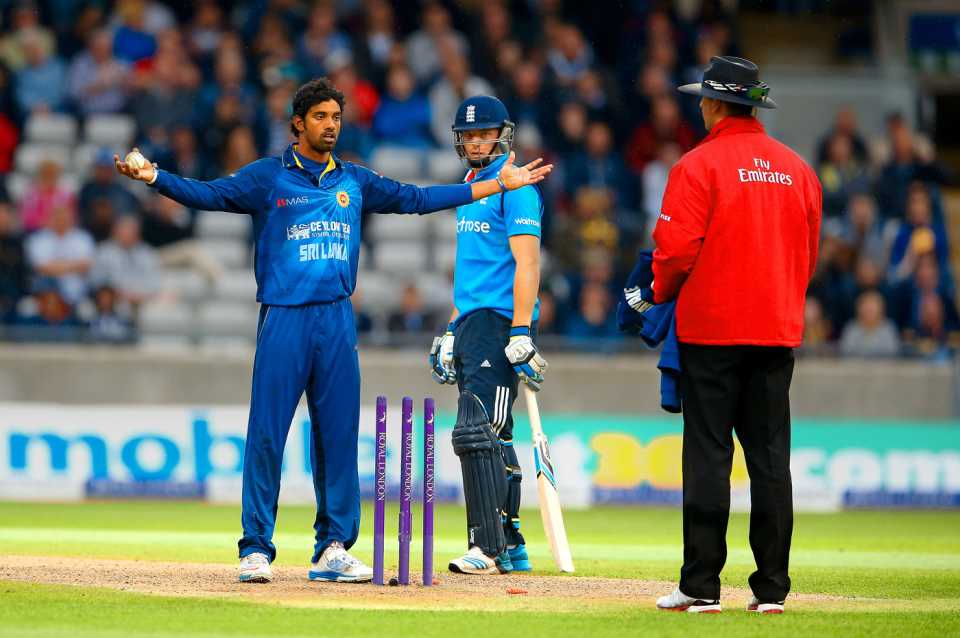 Sachithra Senanayake gestures to the umpire after mankading Jos Buttler, England v Sri Lanka, 5th ODI, Edgbaston, June 3, 2014