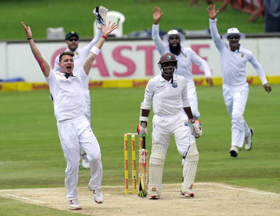 Dale Steyn celebrates after getting Shivnarine Chanderpaul out caught behind