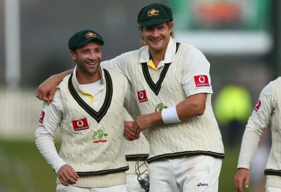 Phillip Hughes and Shane Watson after the win, Australia v Sri Lanka, 1st Test, Hobart, 5th day, December 18, 2012