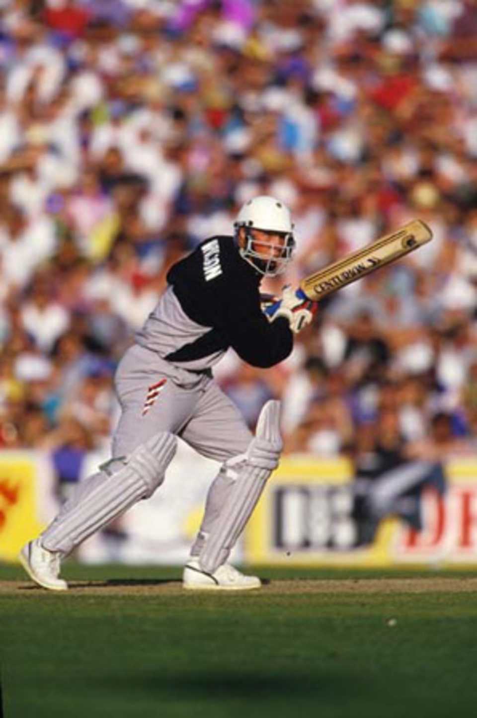 New Zealand batsman Jeff Wilson eases a delivery into the off side. 5th ODI: New Zealand v Australia at Eden Park, Auckland, 28 March 1993.