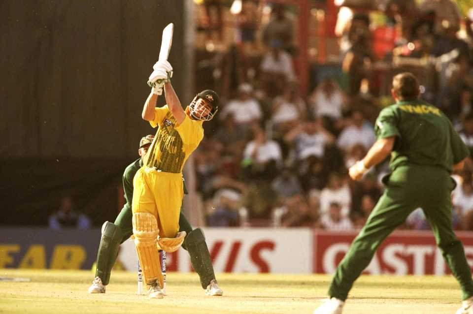 Michael Bevan tries to hit over the infield, South Africa v Australia, 7th ODI, Bloemfontein, April 13, 1997