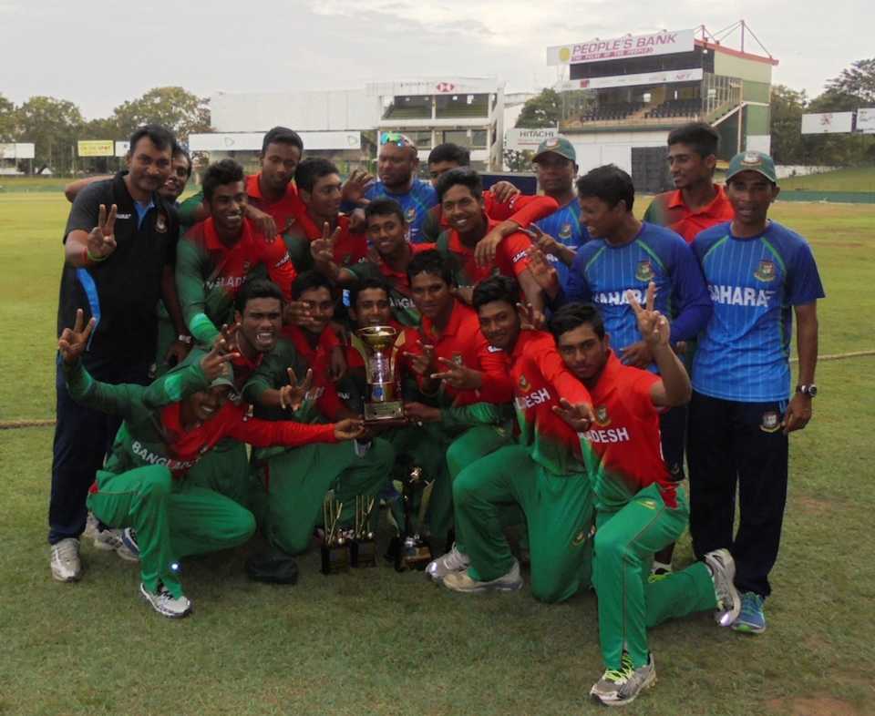 The Bangladesh players pose after winning the series 3-2