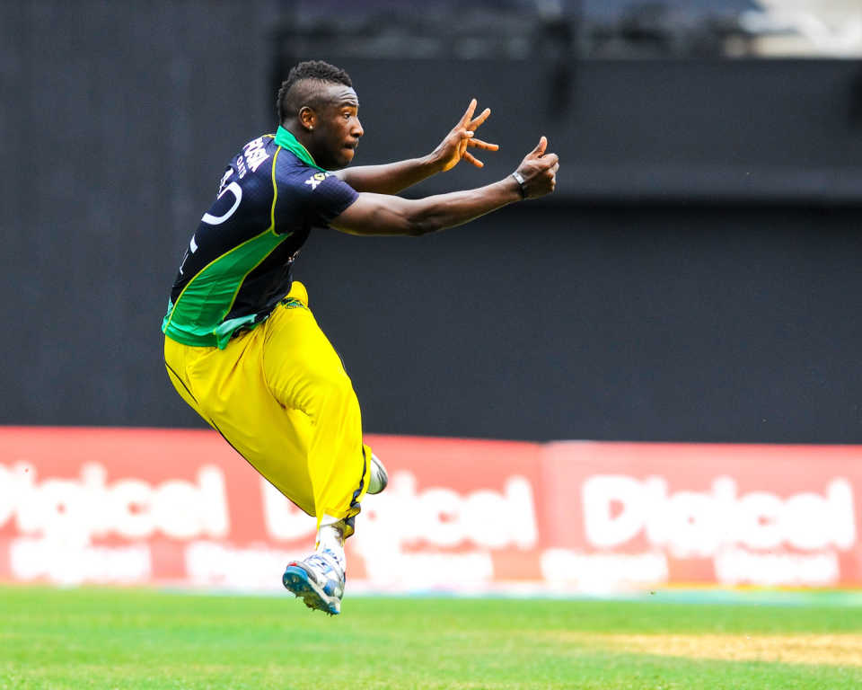 Andre Russell fields, Jamaica Tallawahs v Barbados Tridents, CPL 2014, Kingston, Aug 3, 2014