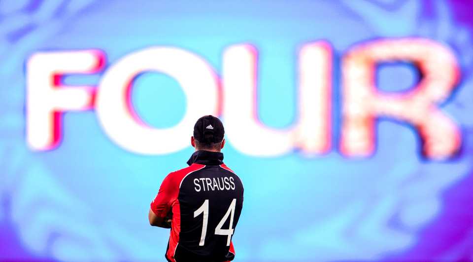 Andrew Strauss looks on as the scoreboard signals a four