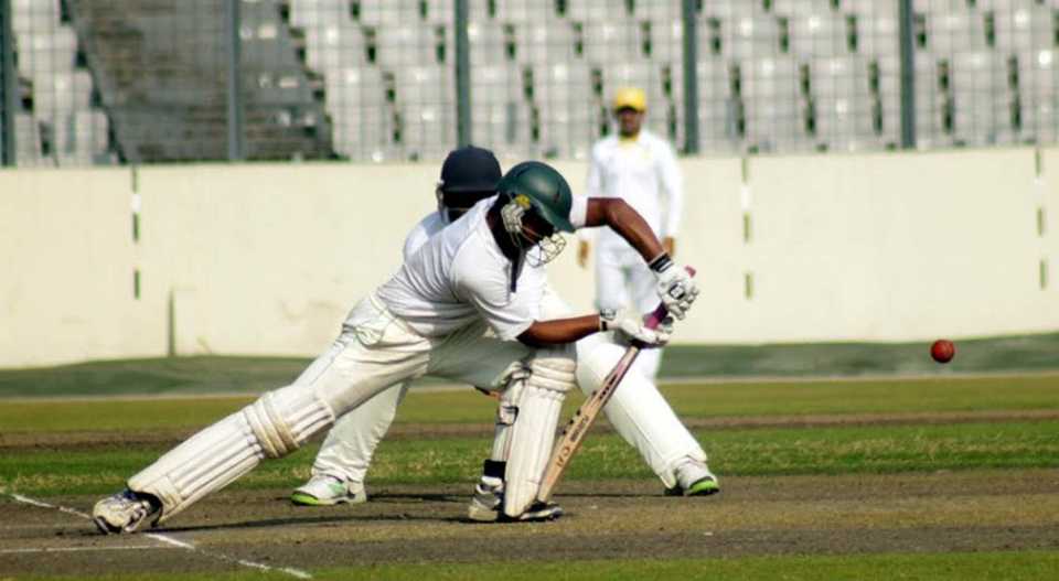 Maisuqur Rahman plays a forward defence, Chittagong Division v Rajshahi Division, National Cricket League, Mirpur, 4th day, February 4, 2015 