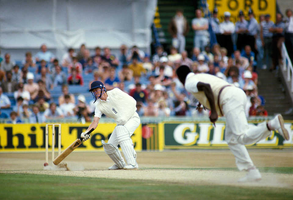 Paul Terry, batting with a broken arm, keeps out a Joel Garner yorker, England v West Indies, 4th Test, Old Trafford, 3rd day, July 28, 1984