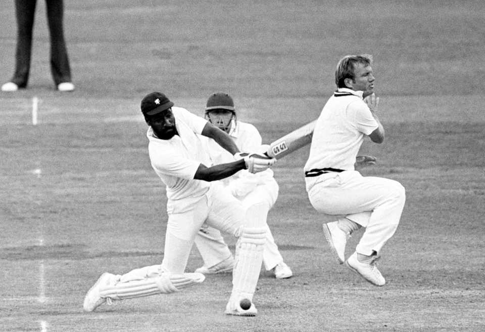 Middlesex's Clive Radley leaps out of the way as Viv Richards cuts the ball square