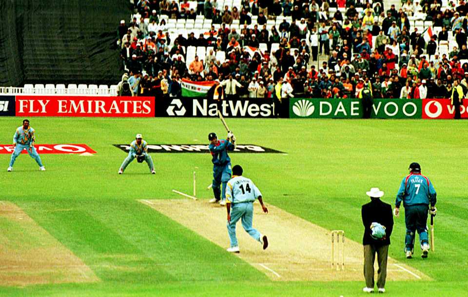 Alan Mullally is bowled by Javagal Srinath, India v England, World Cup, Group A, Edgbaston, May 30, 1999