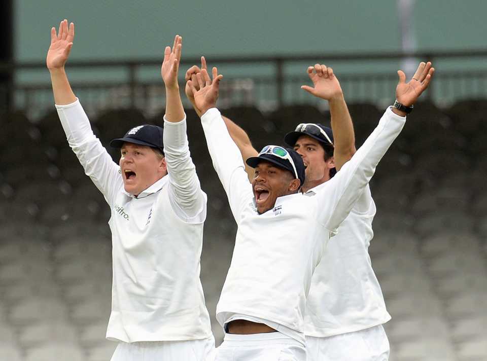 Gary Ballance, Chris Jordan and Alastair Cook appeal for a wicket