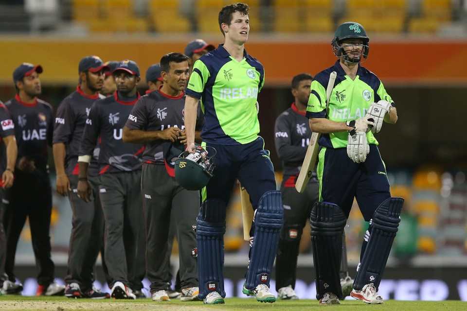 George Dockrell and Alex Cusack walk off after sealing Ireland's two-wicket win