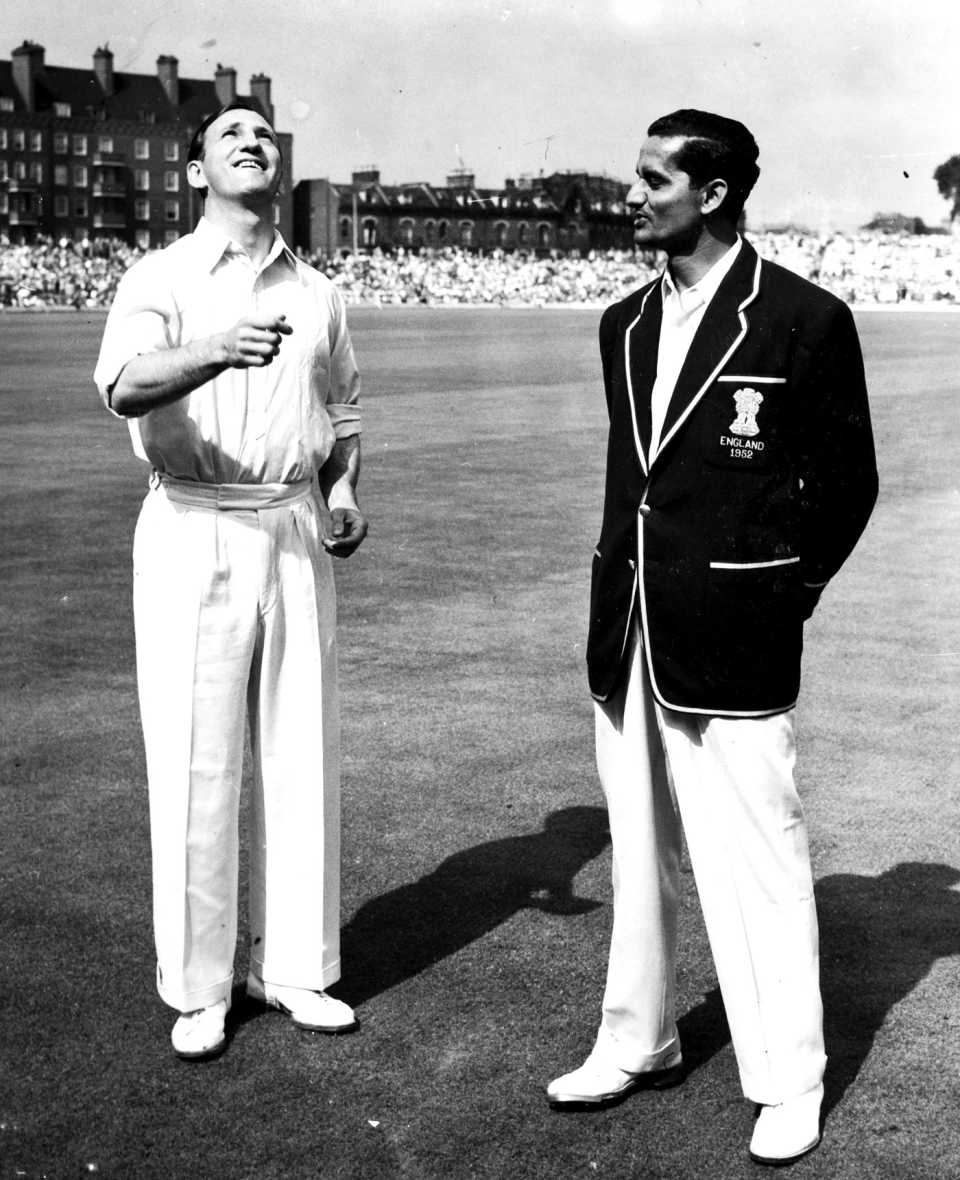 Captains Len Hutton and Vijay Hazare at the toss, England v India, 4th Test, The Oval, 1st day, August 14, 1952
