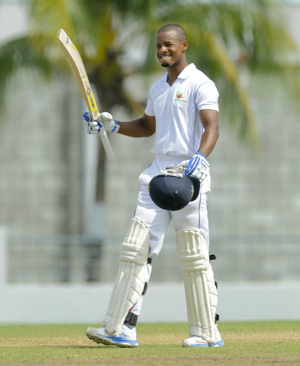 Shai Hope celebrates on reaching his double hundred, Barbados v Windward Islands, Regional 4-day Tournament, 2nd day, Bridgetown, March 14, 2015