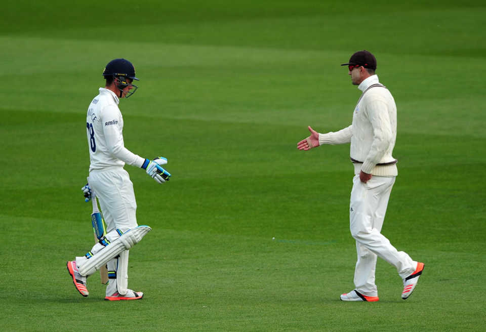 Centurion Daniel Lawrence gets a handshake from Kevin Pietersen, Surrey v Essex, County Championship, Division Two, The Oval, 3rd day, April 28, 2015
