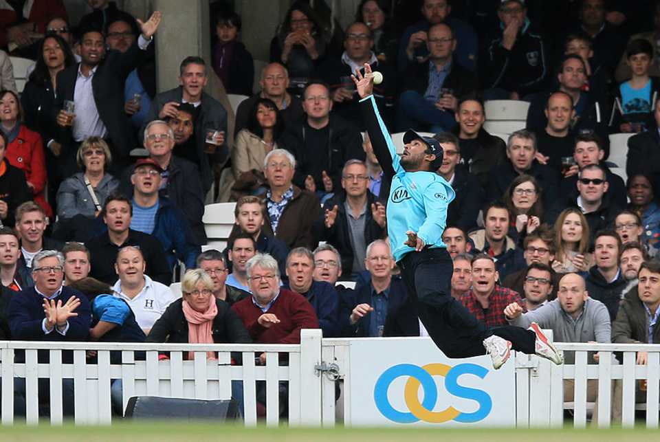 Kumar Sangakkara leaps in vain for a catch, Surrey v Glamorgan, NatWest T20 Blast, South Group, Kia Oval, May 15, 2015