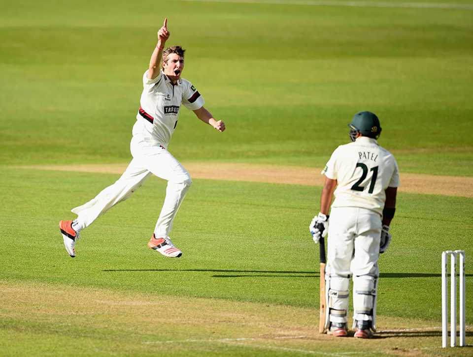 Craig Overton celebrates the wicket of Samit Patel