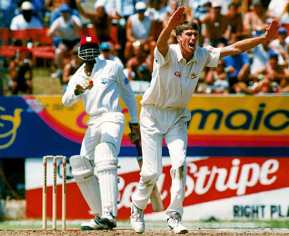 Glenn McGrath appeals for a wicket, West Indies v Australia, 4th Test, Jamaica, 5th day, May 3, 1995