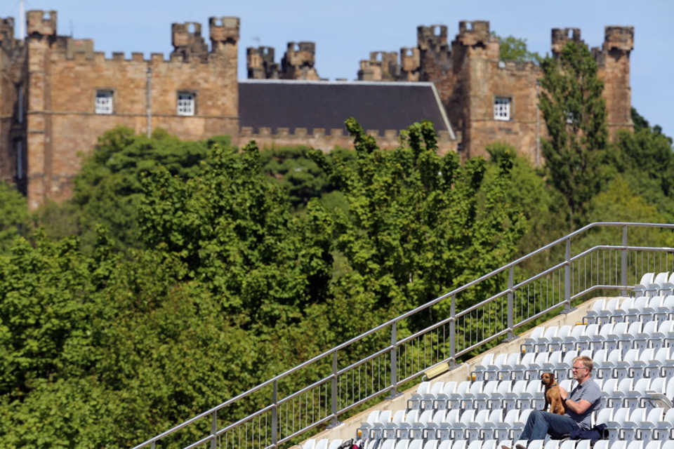 More room for us: A man and his dog watch the proceedings, Durham v Somerset, LV= County Championship Division One, Chester-Le-Street, 3rd day, June 9, 2015