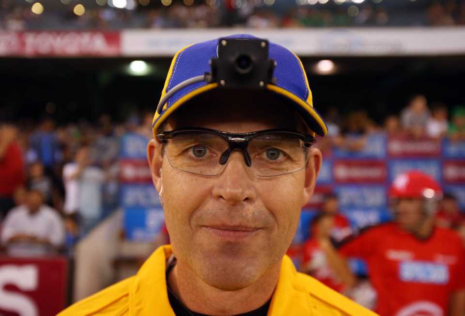 Umpire Simon Fry models the umpire cam, Melbourne Renegades v Melbourne Stars, BBL, Docklands Stadium, Melbourne, December 7, 2012