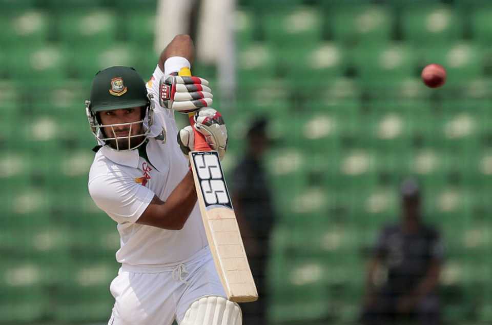 Litton Das drives down the ground, Bangladesh v India, only Test, 5th day, Fatullah, June 14, 2015
