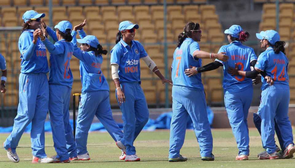 Indian players celebrate their 17-run win, India Women v New Zealand Women, 1st ODI, Bangalore, June 28, 2015
